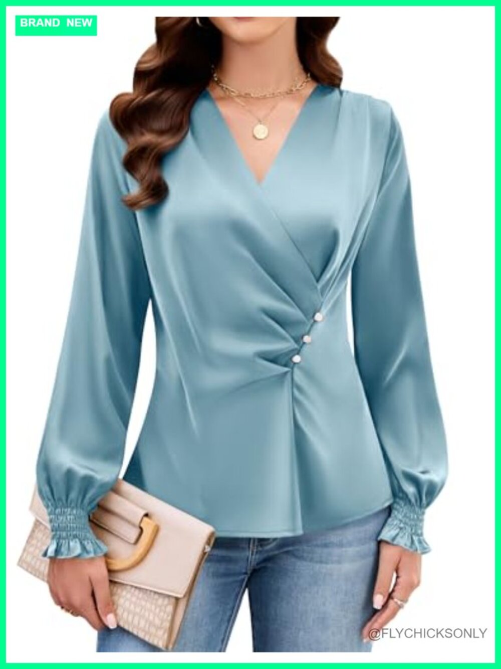 V-Neck Pleated Long Sleeve Blouse Business Casual Work Top